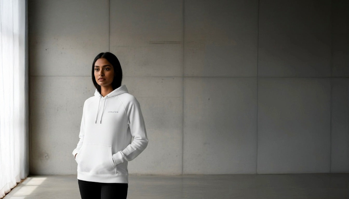 Woman wearing a white hoodie standing against a plain wall.