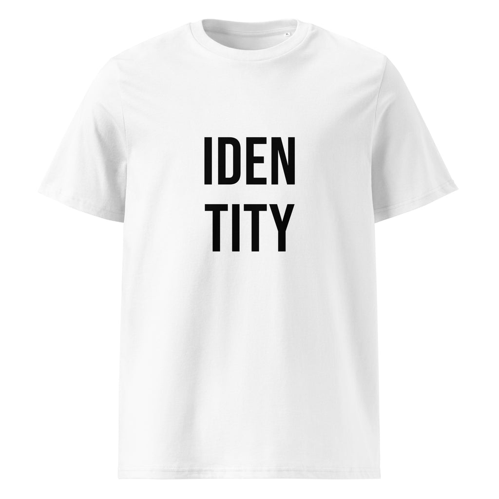 White t-shirt with black text 'IDENTITY' on a white background.