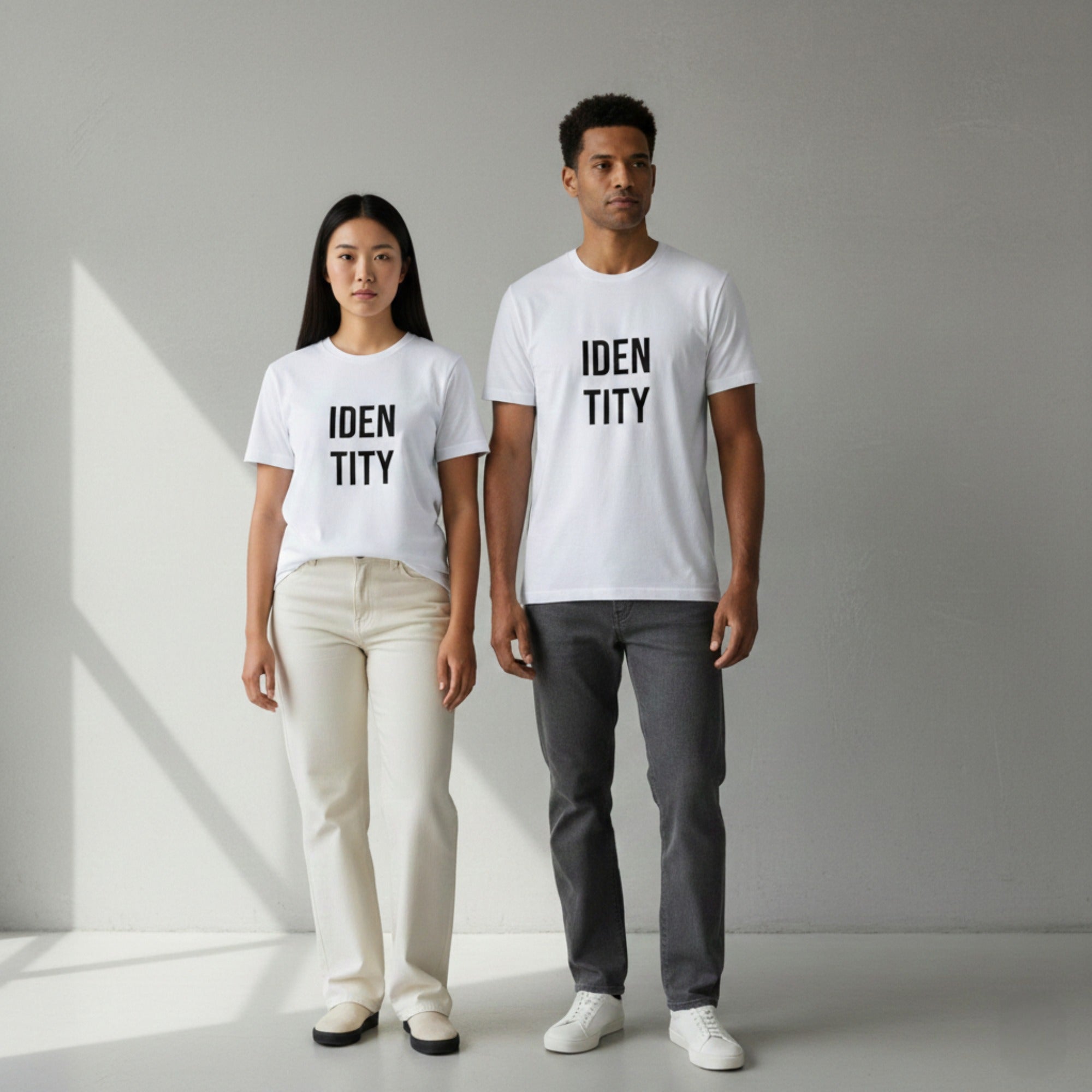Two people wearing white t-shirts with 'IDENTITY' text in a minimalistic setting.