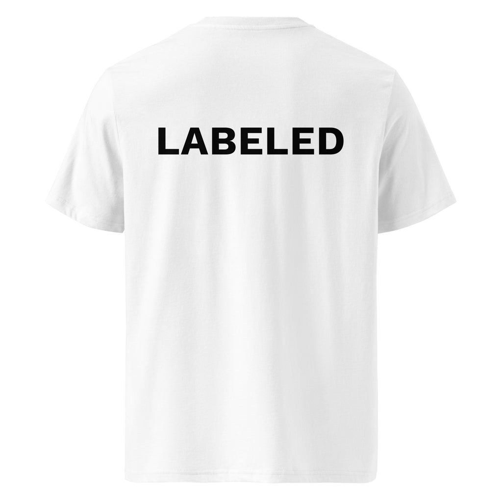Back of white t-shirt with black text 'LABELED' on a white background.
