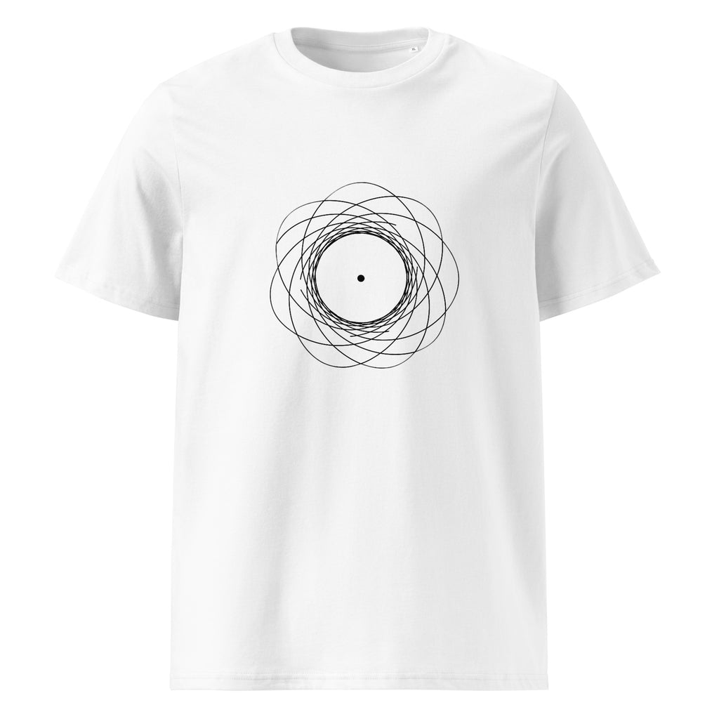 White t-shirt with a black circular design on a white background.