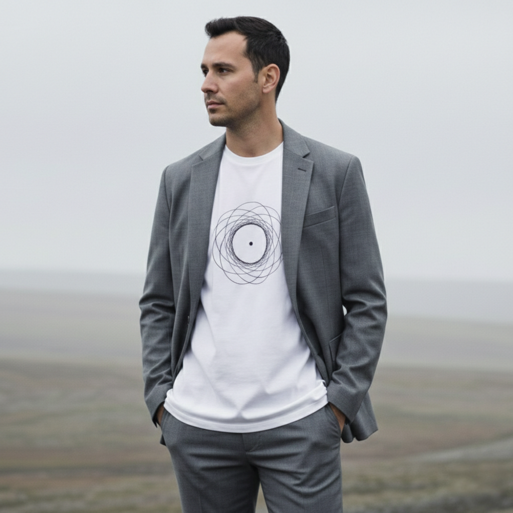 Man wearing a gray blazer over a white t-shirt with a black design, standing in a misty landscape.