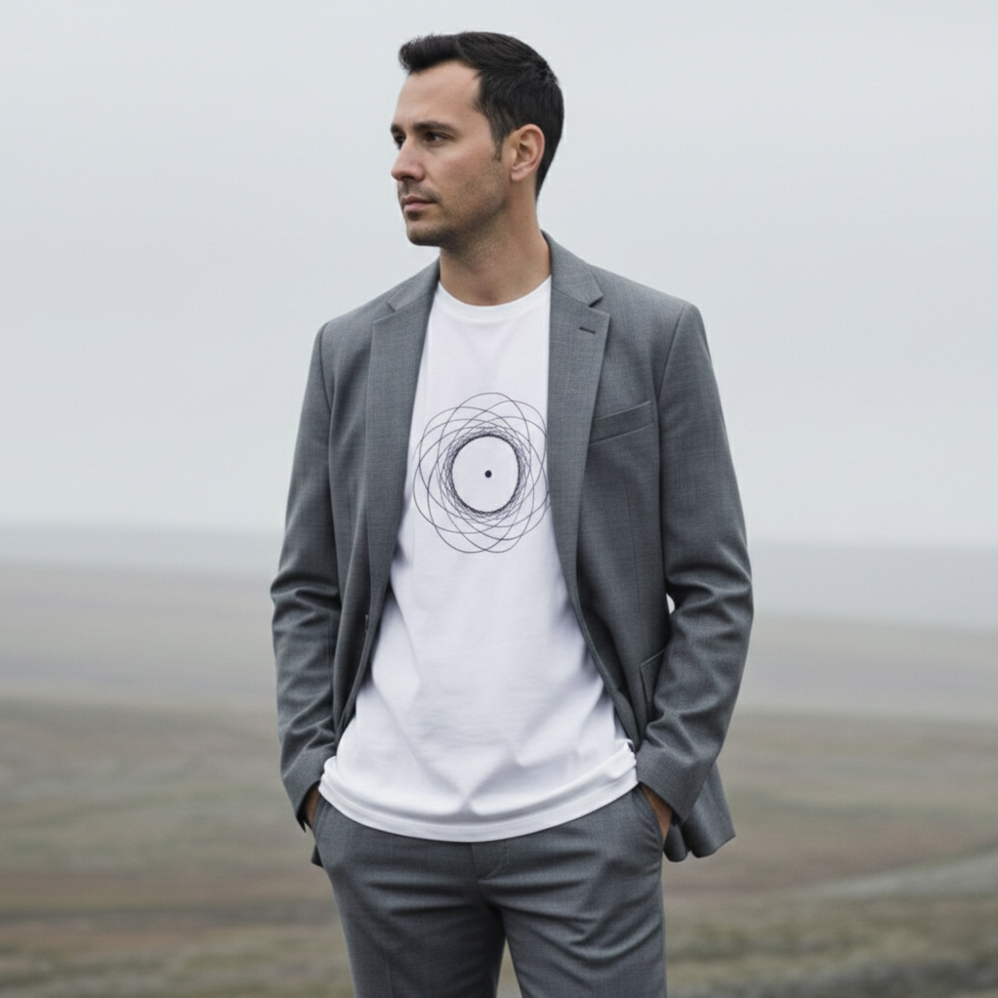 Man wearing a gray blazer over a white t-shirt with a black design, standing in a misty landscape.