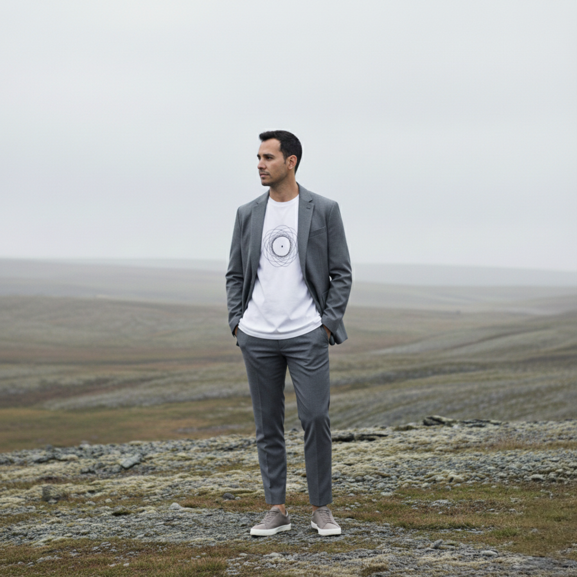 Man wearing a gray blazer over a white t-shirt with a black design, standing in a misty landscape.