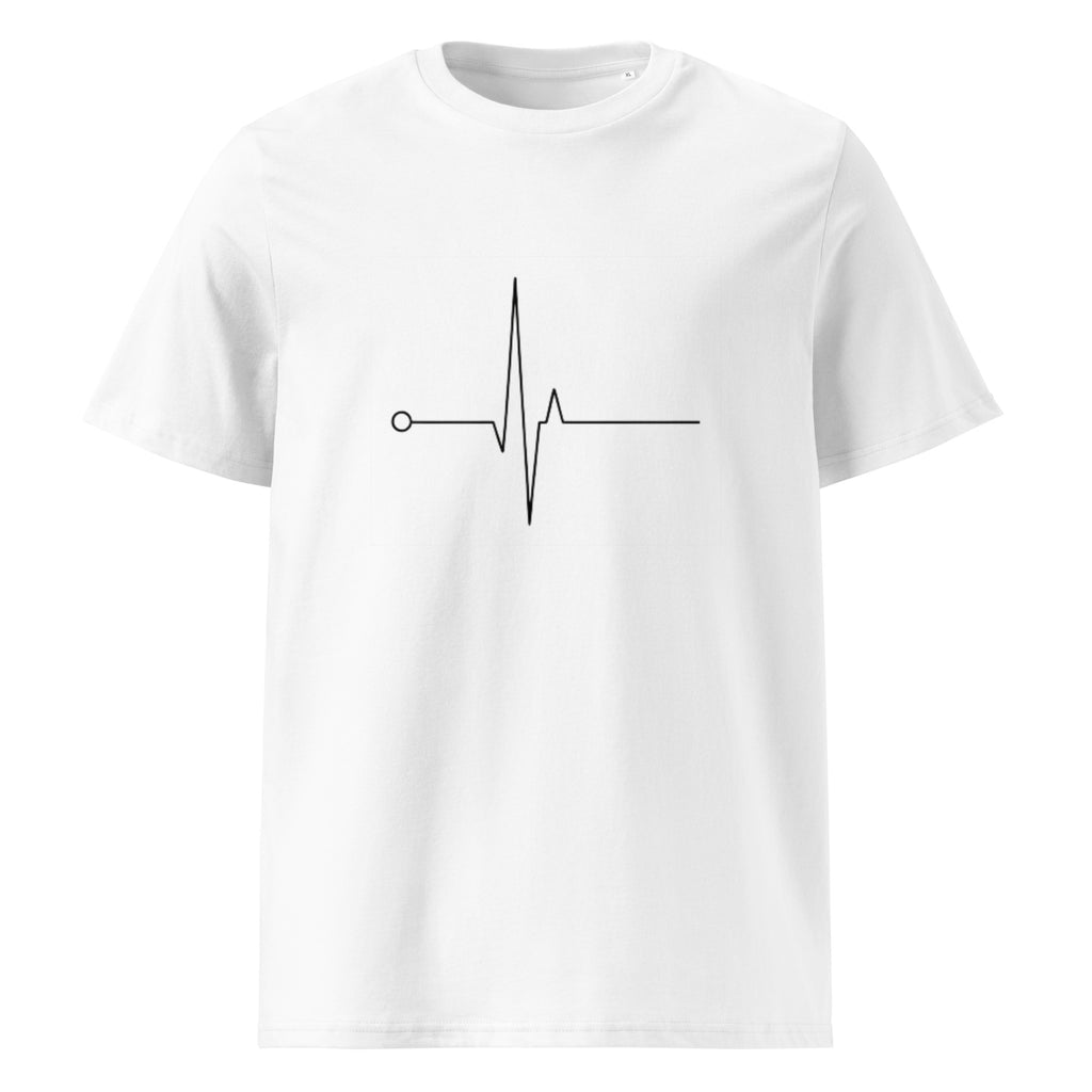 White t-shirt with a black heart pulse design on a white background.
