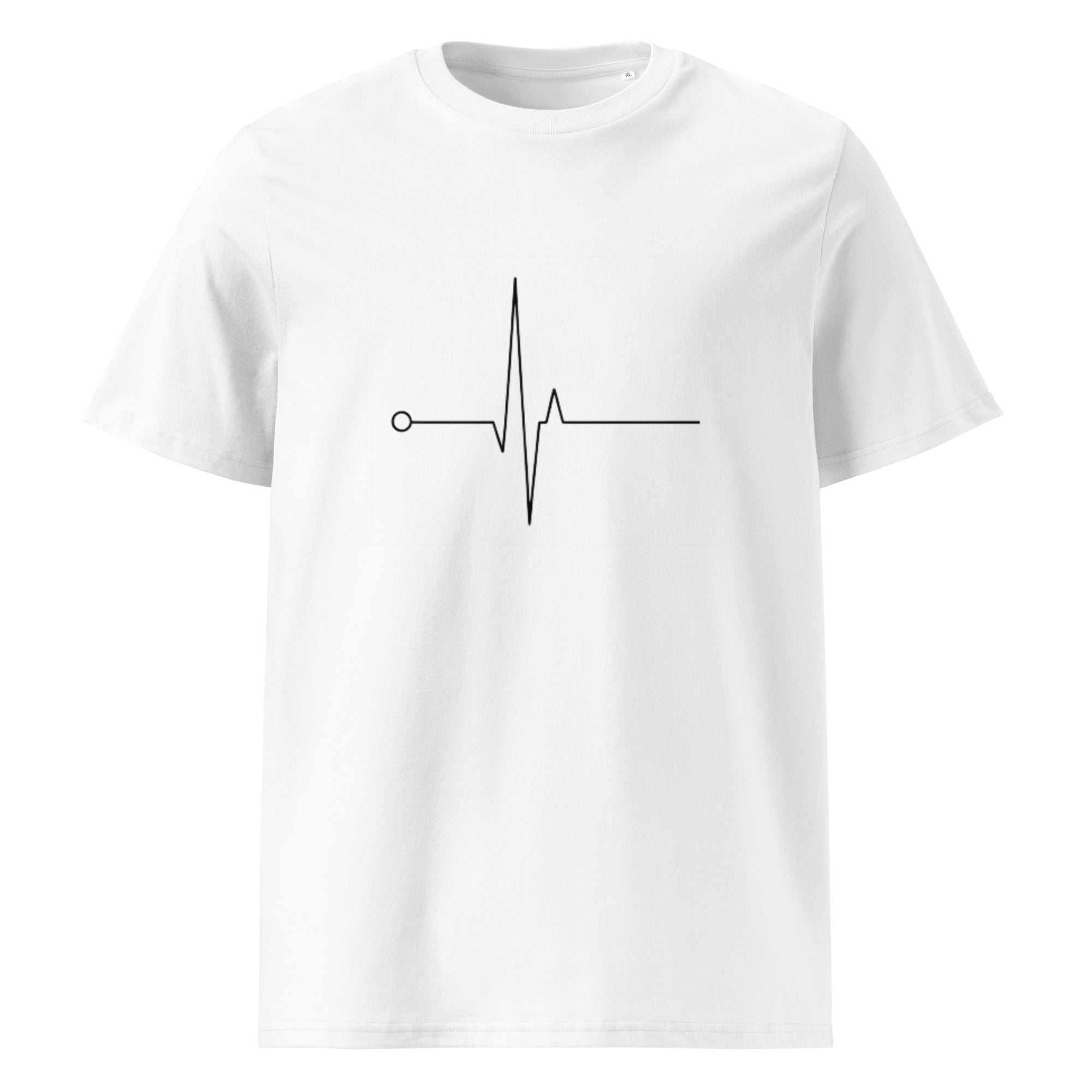 White t-shirt with a black heart pulse design on a white background.