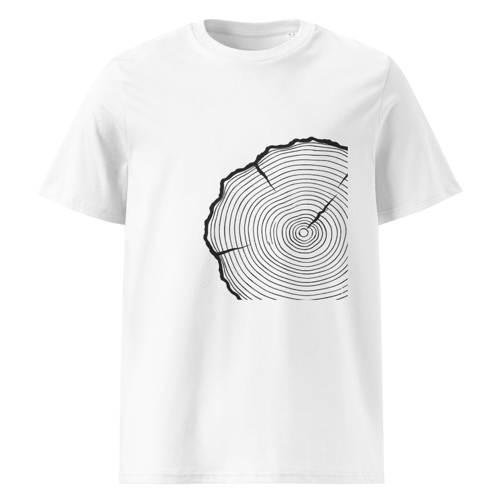 White t-shirt with black tree ring design on a white background.