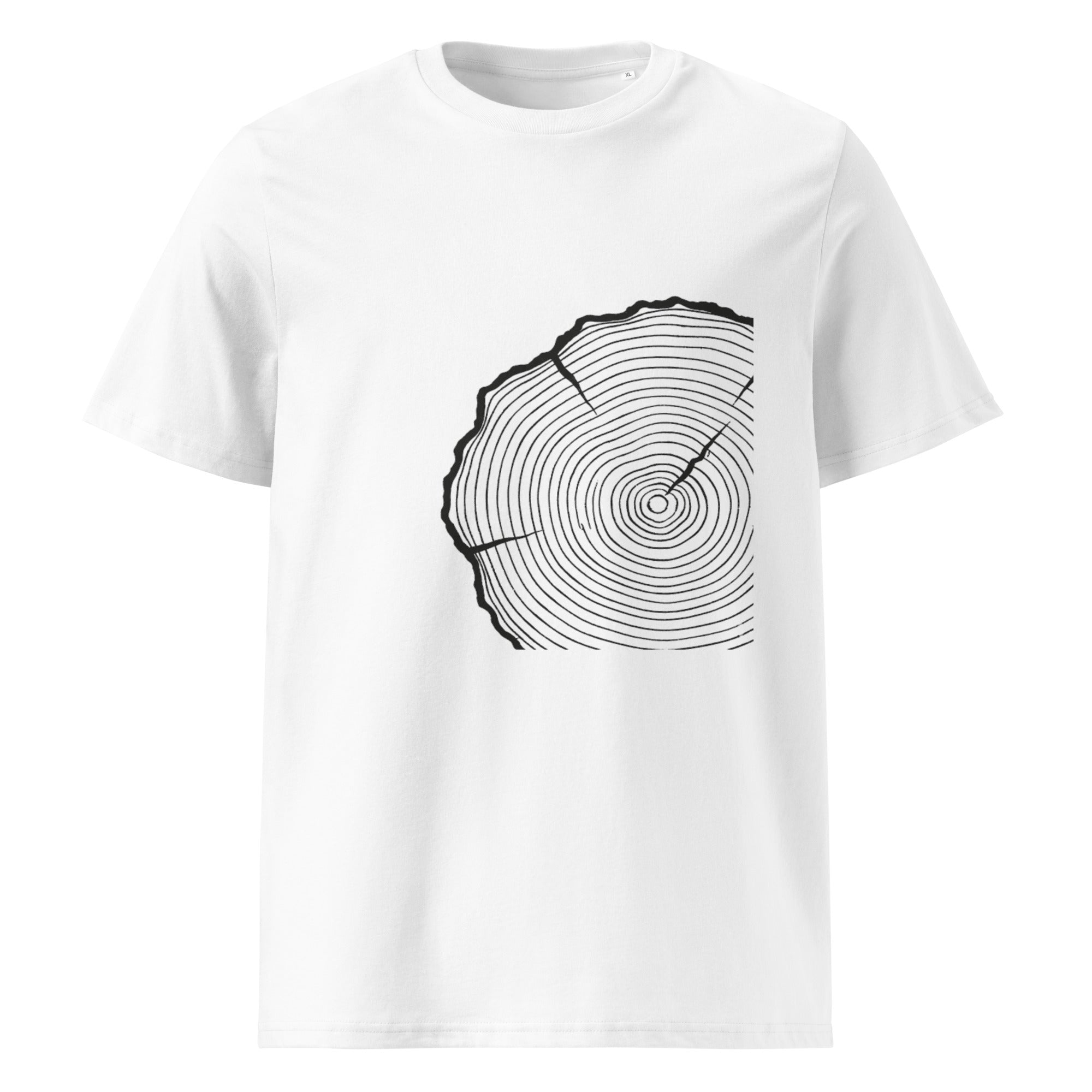 White t-shirt with black tree ring design on a white background.