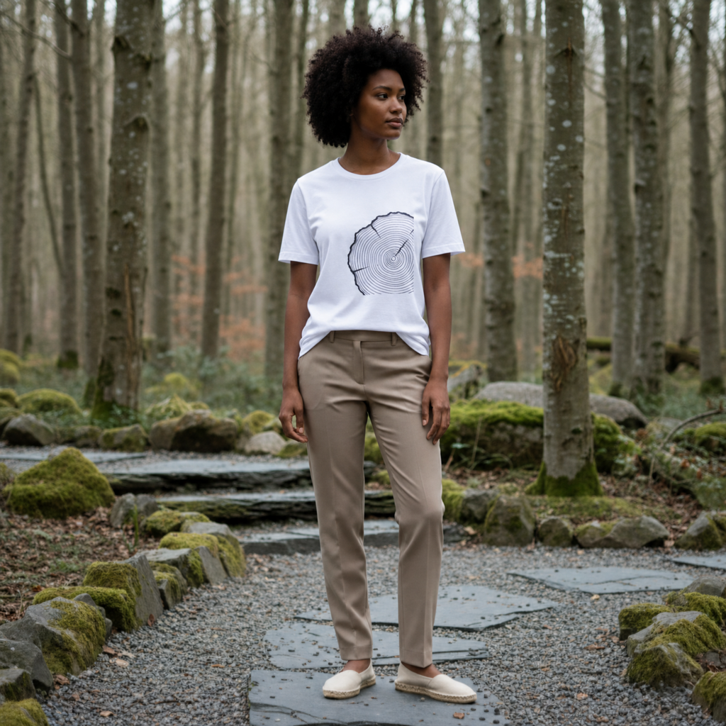 Woman wearing a white t-shirt with a tree ring design in a forest setting.