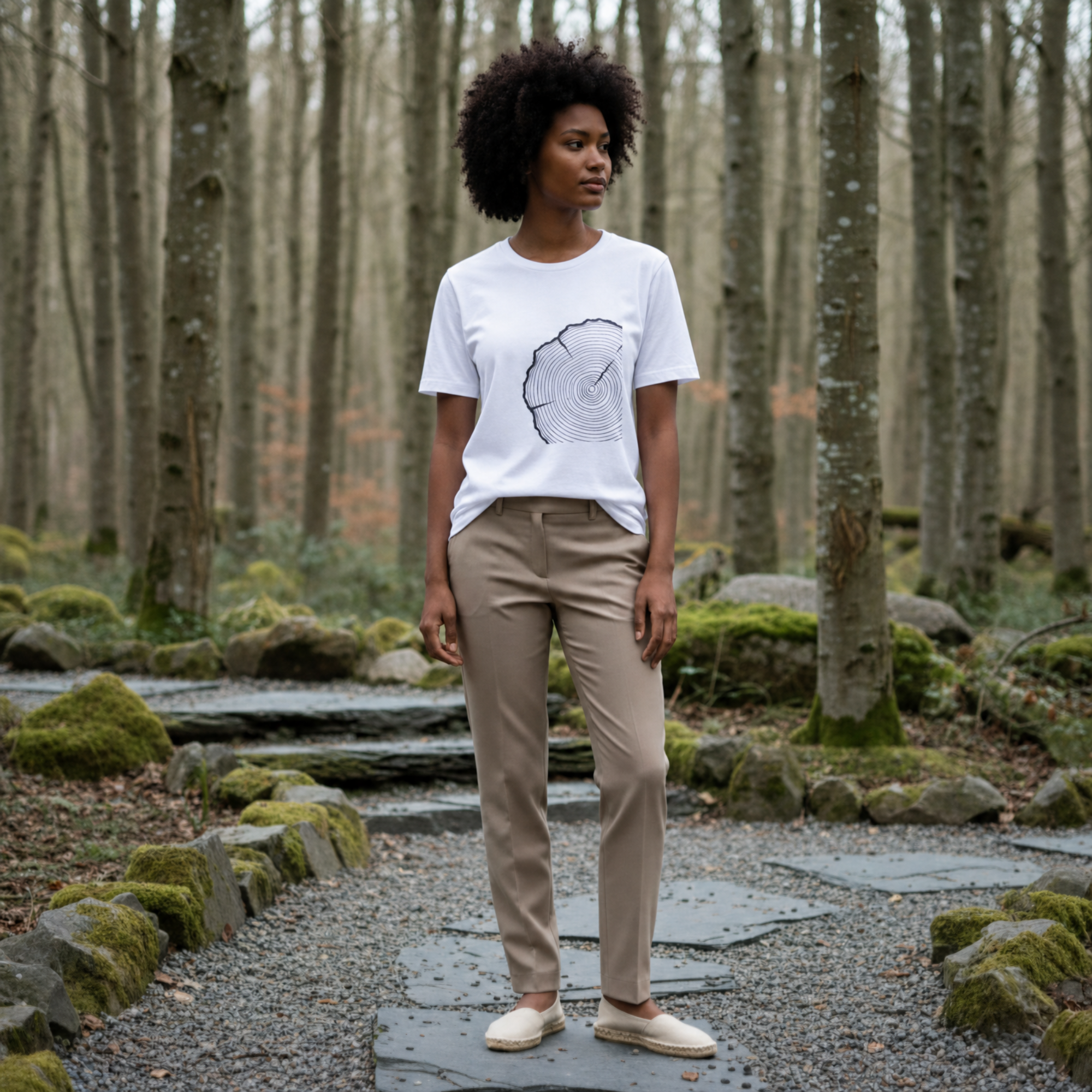 Woman wearing a white t-shirt with a tree ring design in a forest setting.