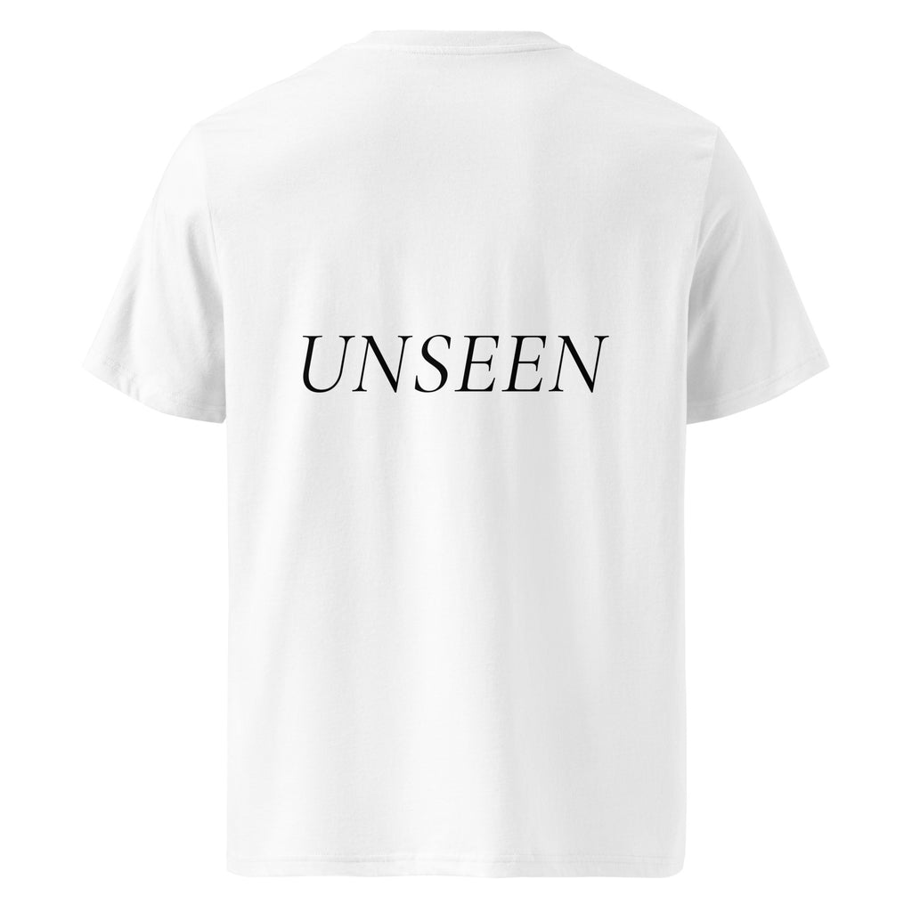 Back of white t-shirt with black text 'UNSEEN' on a white background.
