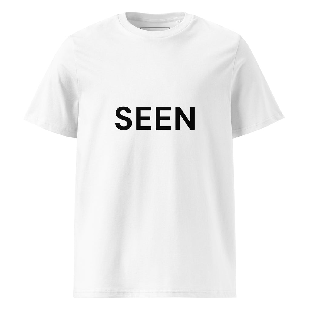 White t-shirt with 'SEEN' text on a white background.