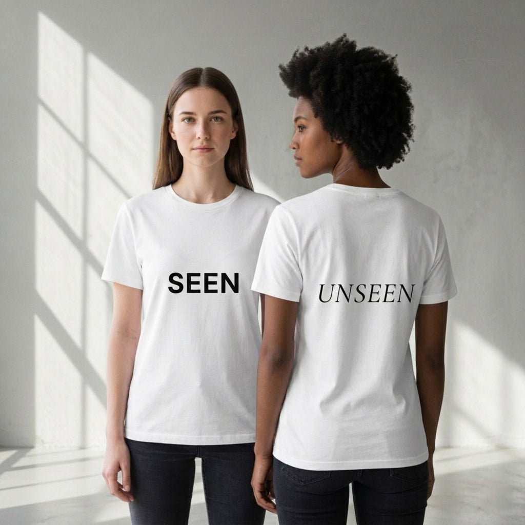 Two women wearing white t-shirts with 'SEEN' on the front and 'UNSEEN' on the back in a minimalistic setting.
