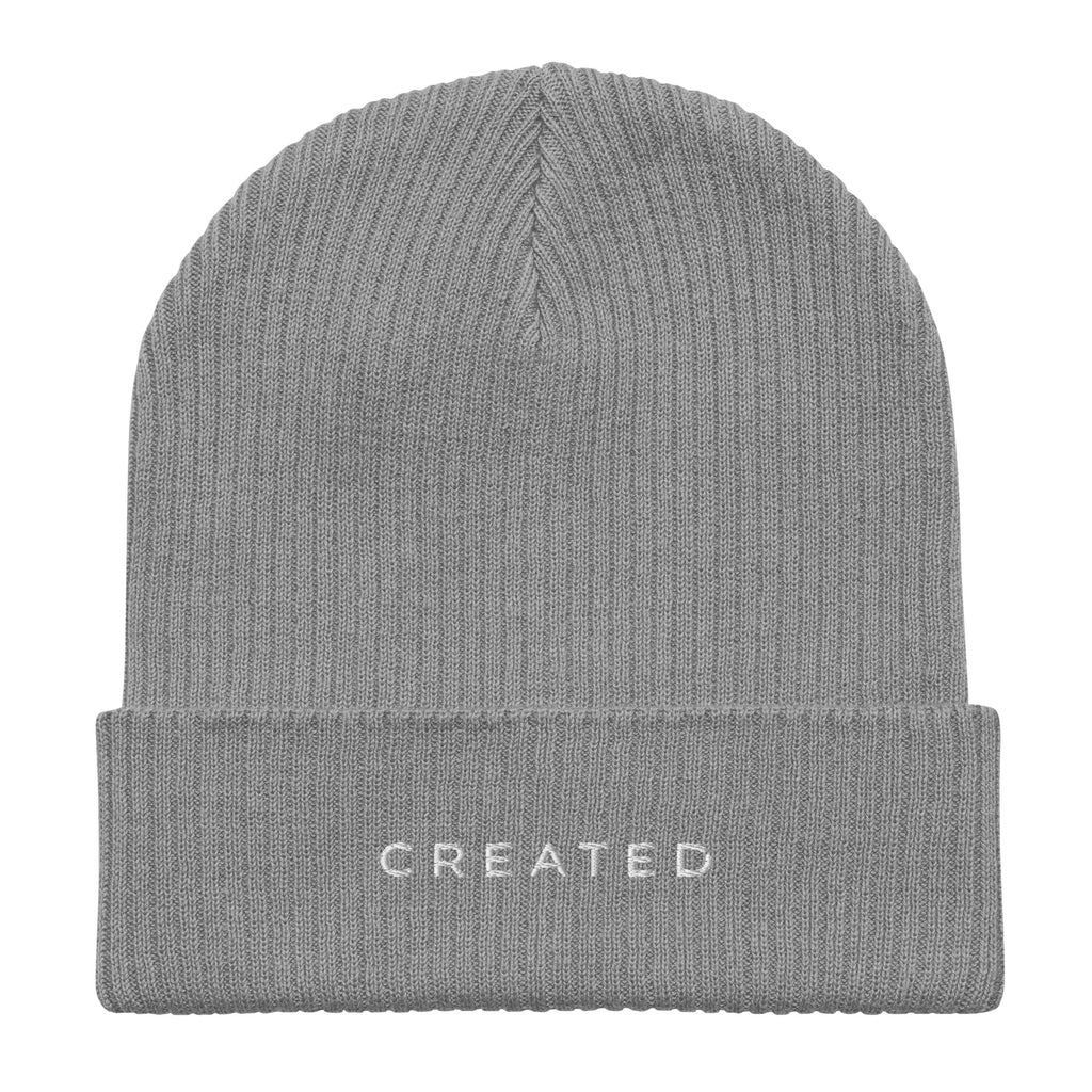 Gray beanie with 'CREATED' embroidery on a white background.