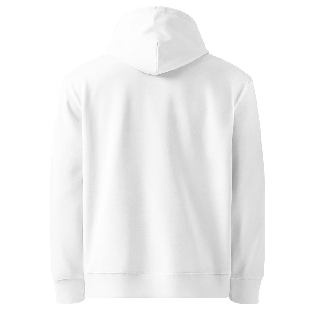 Back of white hoodie on a white background.