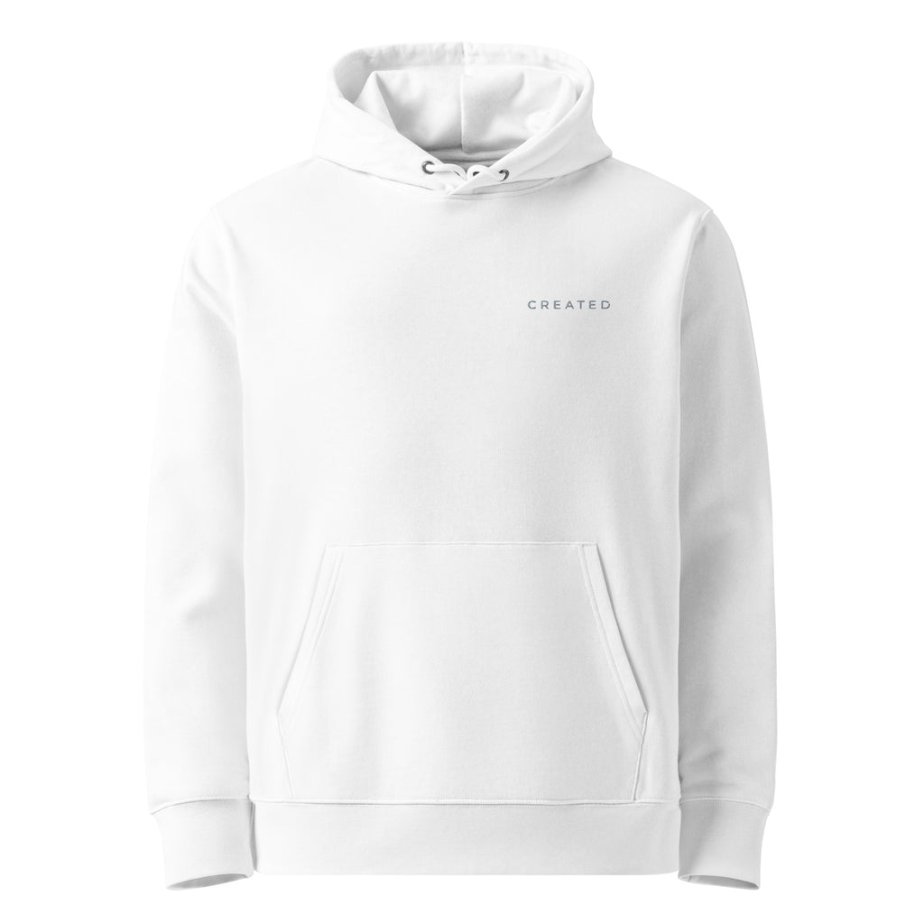 White hoodie with 'CREATED' text on a white background.