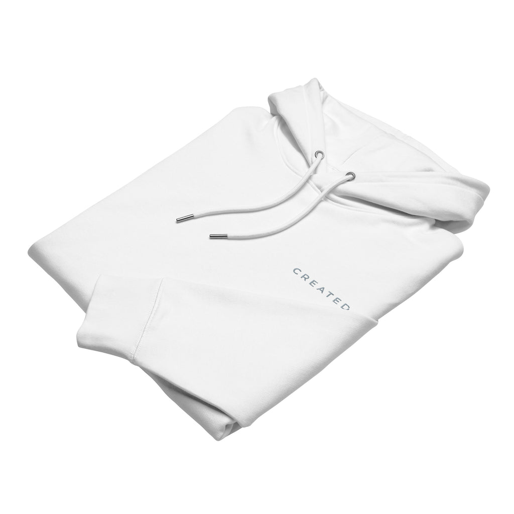 White hoodie with drawstrings on a white background.