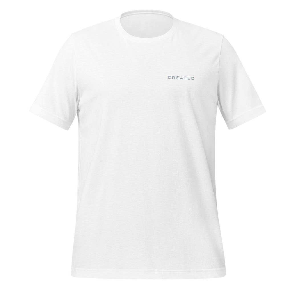 White t-shirt with 'CREATED' logo on a white background.