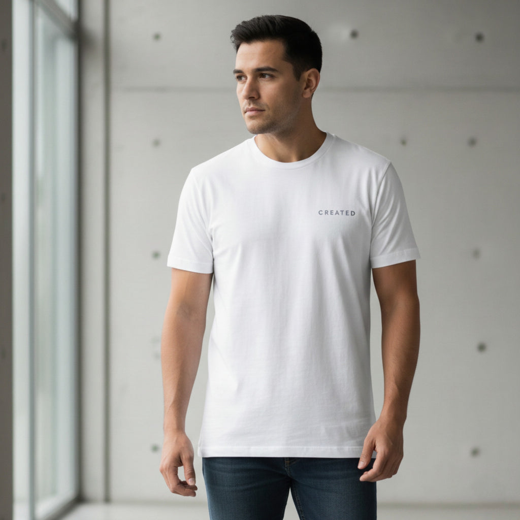 Man wearing a white t-shirt with a 'CREATED' logo in a minimalistic setting.