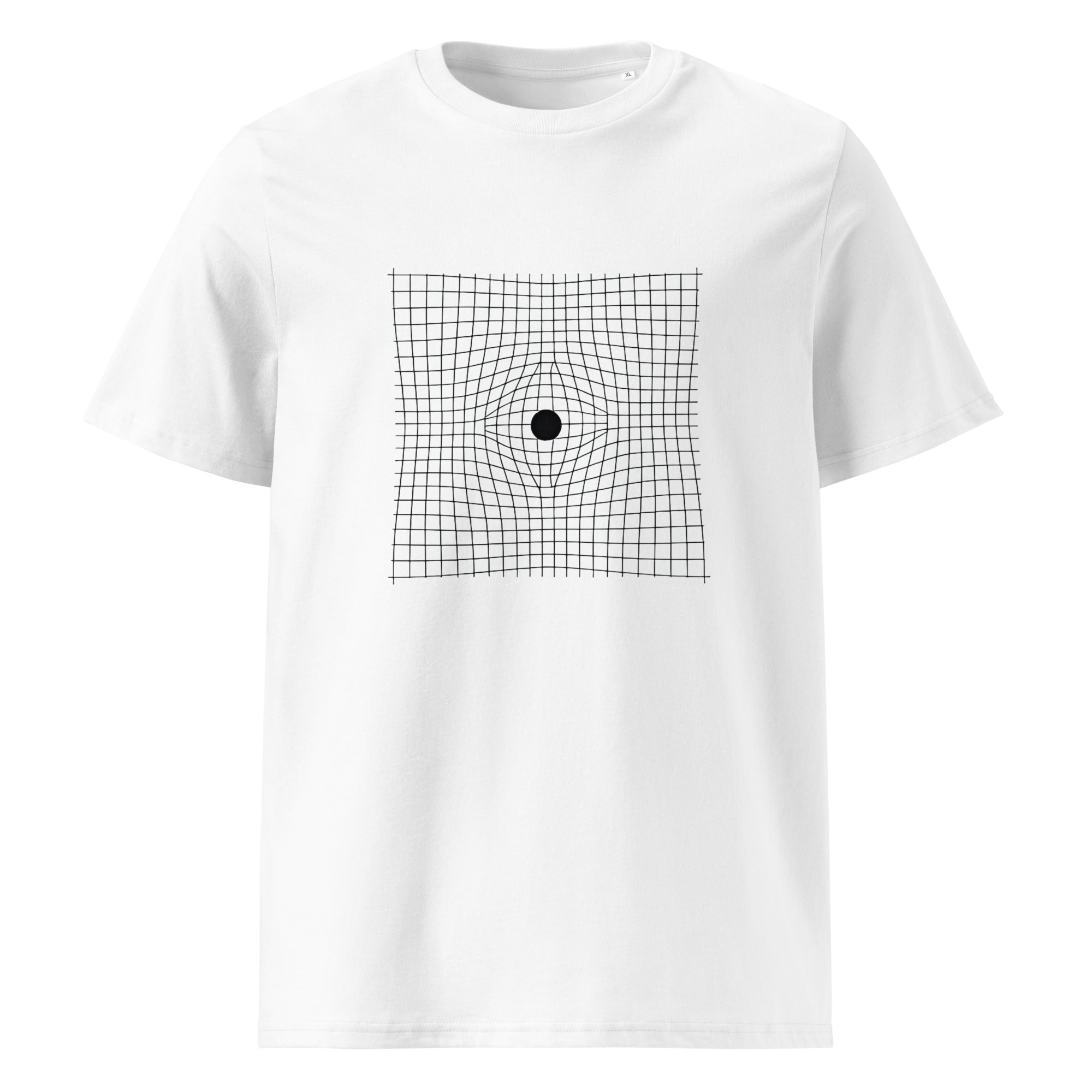 White t-shirt with a black grid and dot design on a white background.