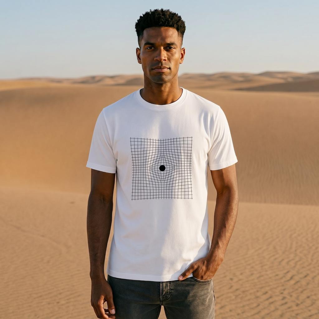 Man wearing a white t-shirt with a graphic design in a desert setting.
