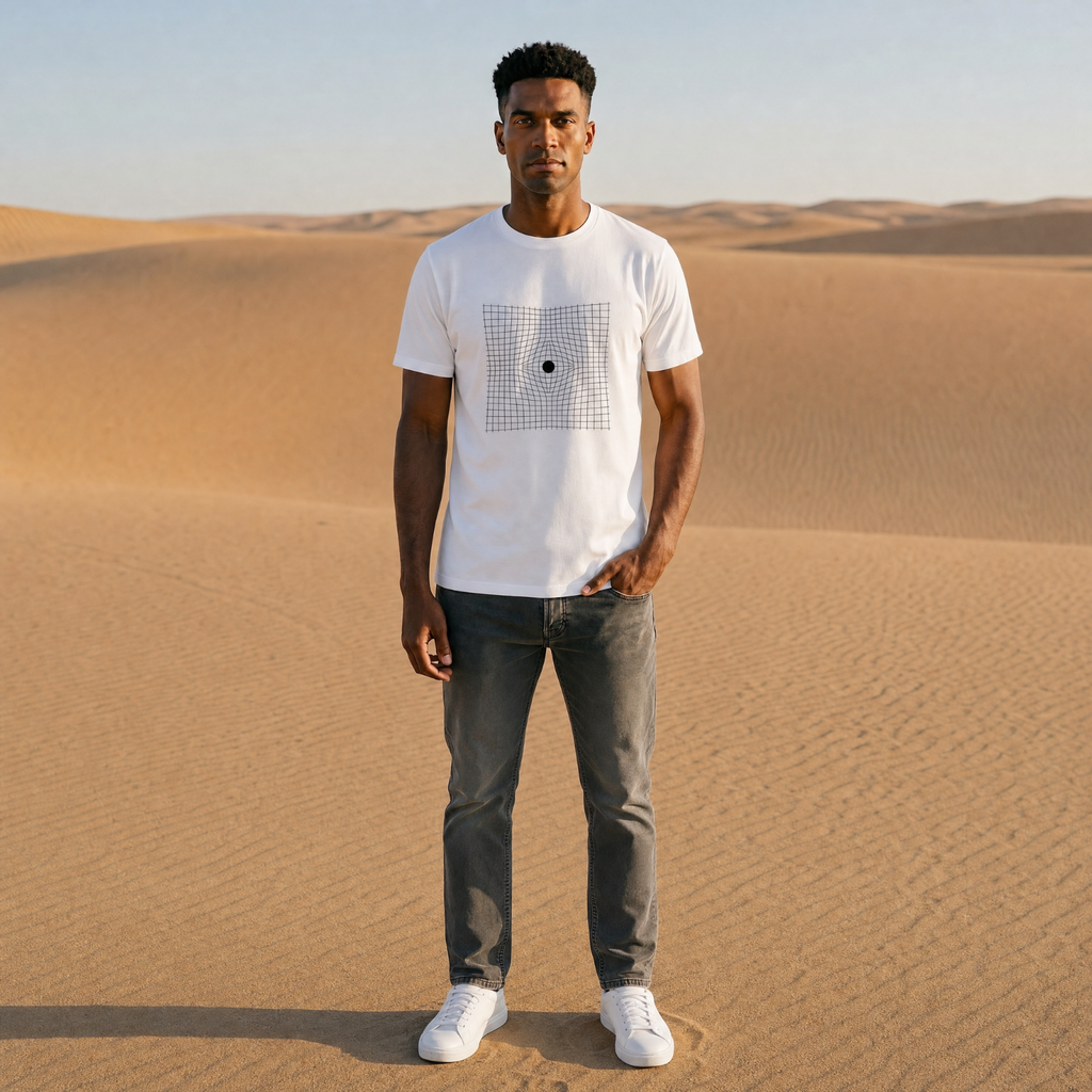 Man wearing a white t-shirt with a graphic design in a desert setting.