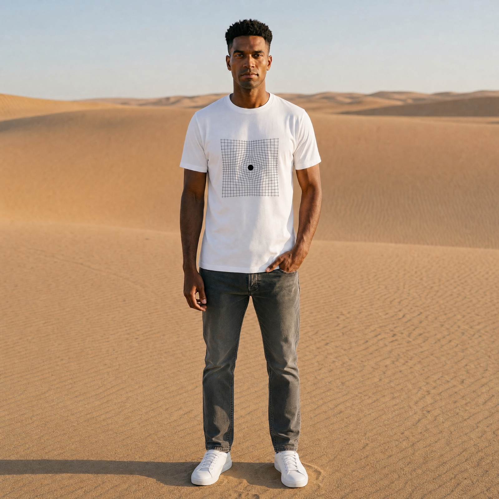 Man wearing a white t-shirt with a graphic design in a desert setting.