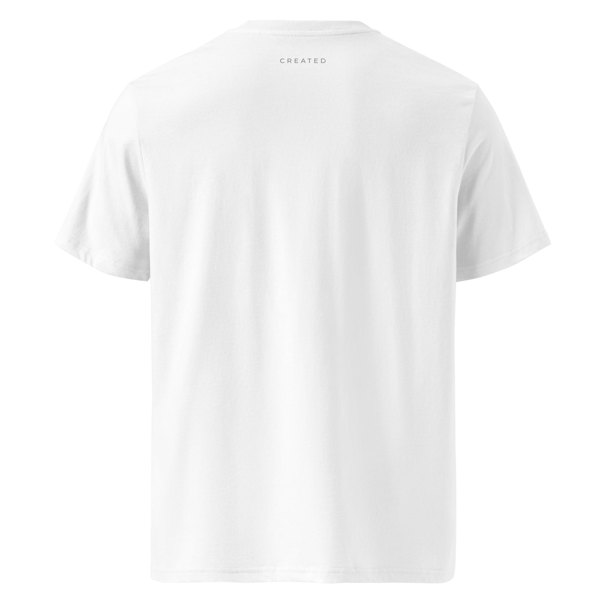 White t-shirt with 'CREATED' logo on the back of the neck against a white background.