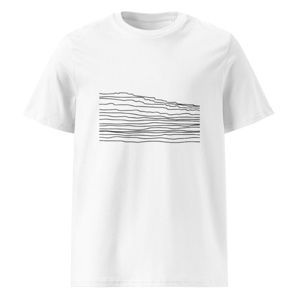 White t-shirt with black wavy line design on a white background.