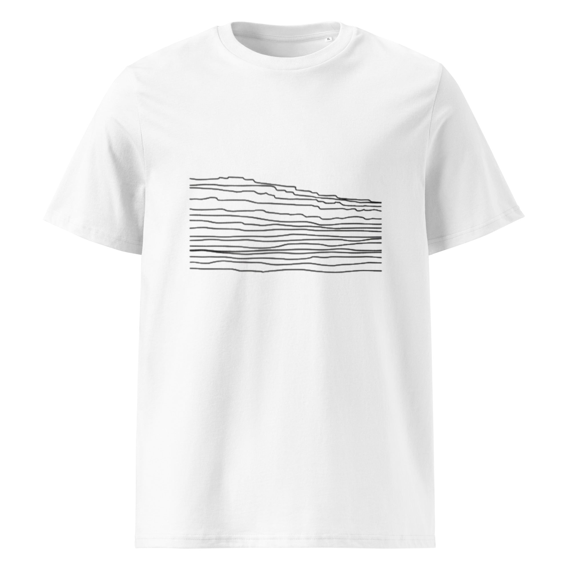 White t-shirt with black wavy line design on a white background.