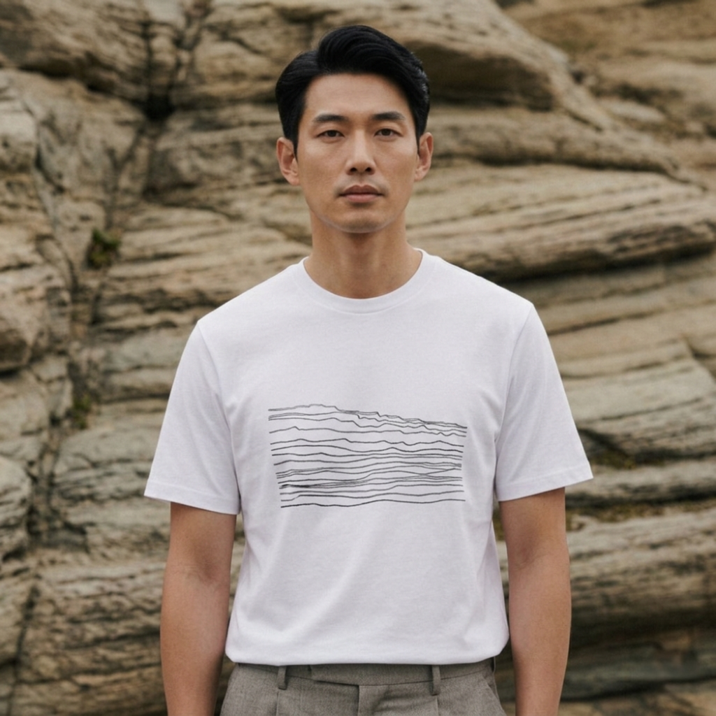 Man wearing a white t-shirt with a graphic design in front of a rocky background.