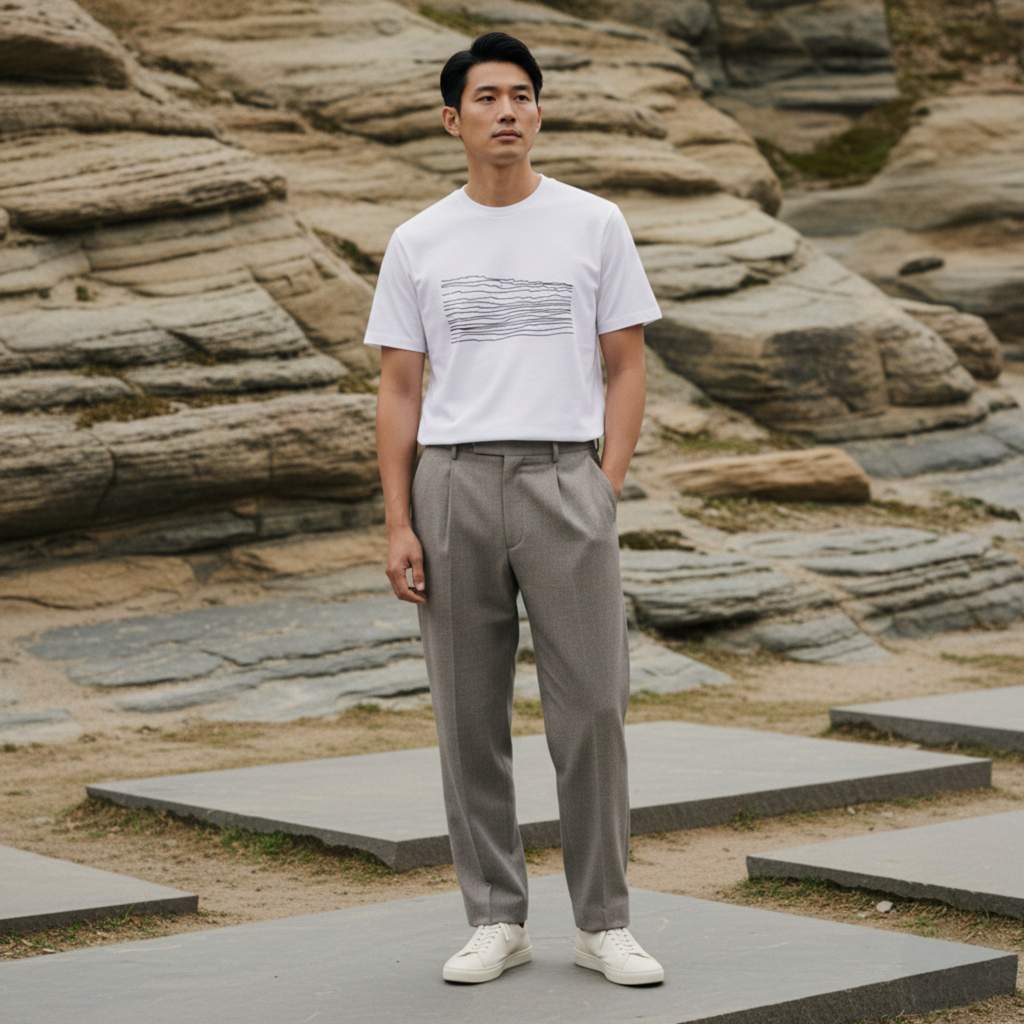 Man wearing a white t-shirt with a graphic design in front of a rocky background.